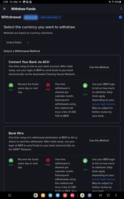 The withdrawal method on the Android Tablet